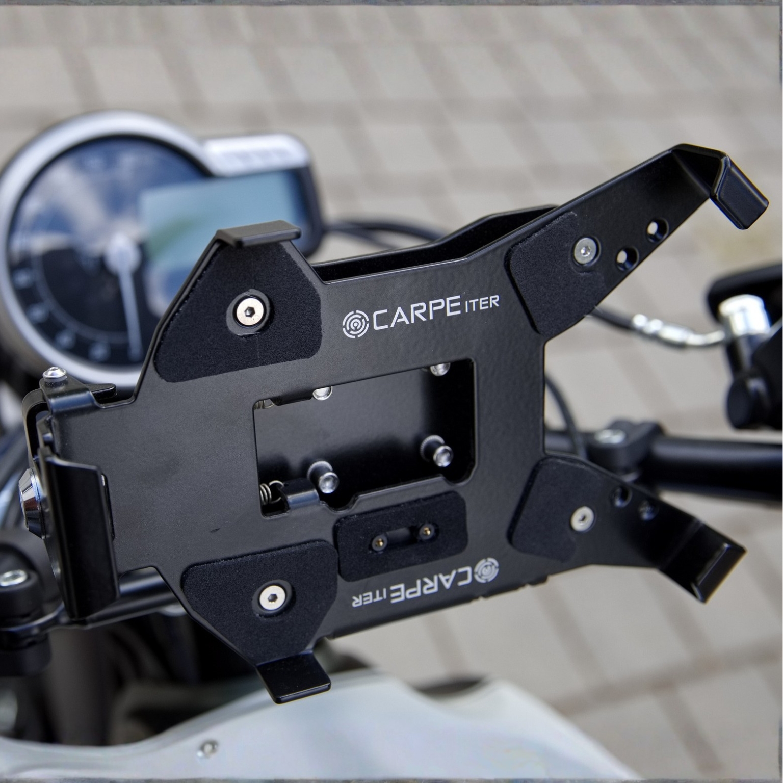 Carpe Iter V4 Holder installed on adventure motorcycle cockpit